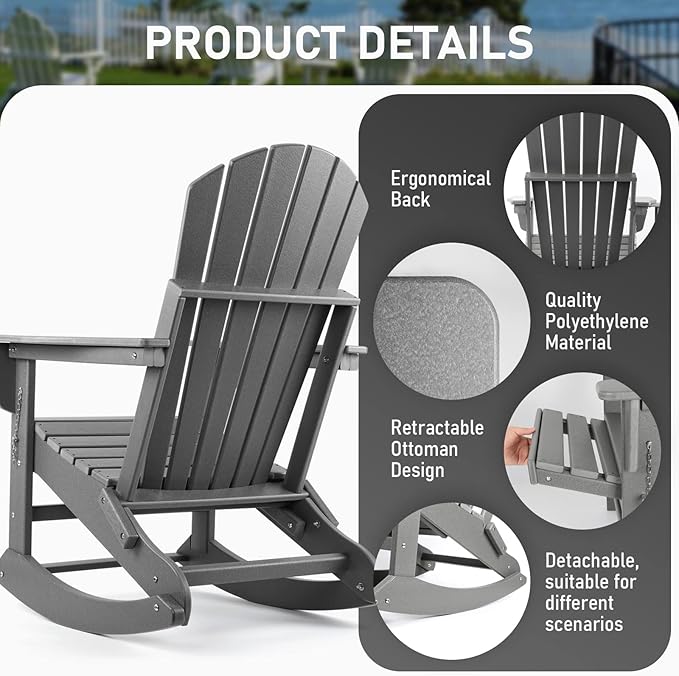 FUNBERRY Adirondack Rocking Chair, Multifunctional 4-in-1 Porch Rocker with Retractable Ottoman & Cup Holder HDPE All Weather