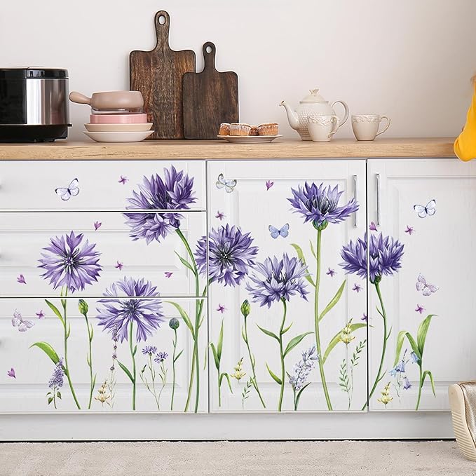 Purple Floral Wall Sticker Peel and Stick Flower Butterfly Wall Decal Green Plant Leaf Wall Art Mural Daisy Flowers Wall Stickers for Bedroom Decor