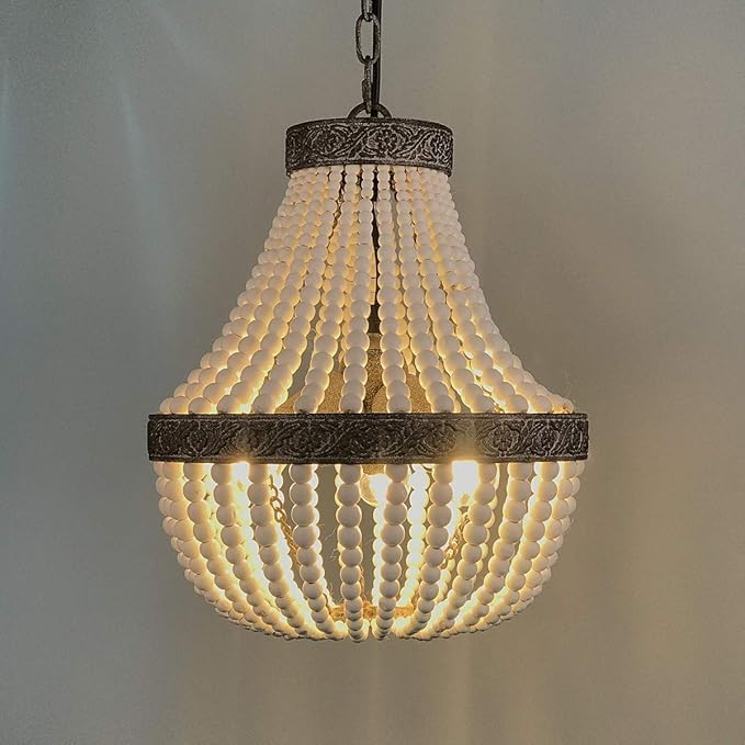 VILUXY 3-Light Bohemia Wood Beaded Chandelier Antique Rustic Pendant Light White Finishing for Bedroom, Kitchen Island, Girl Room
