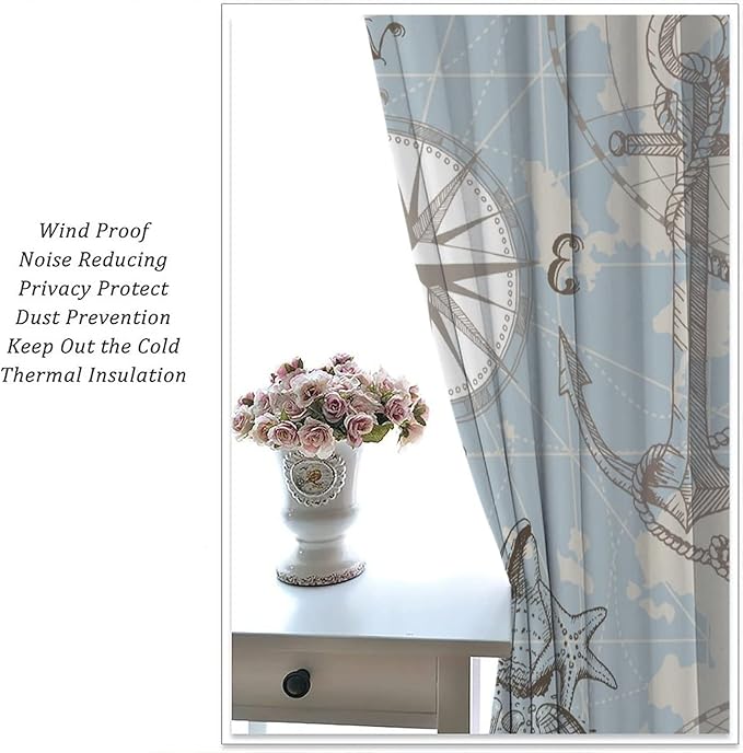 Nautical Theme Window Draperies, Pirate Sailboat Curtains for Bedroom & Living Room, Ocean Window Treatment - 2 Panels, 42x54 Inches
