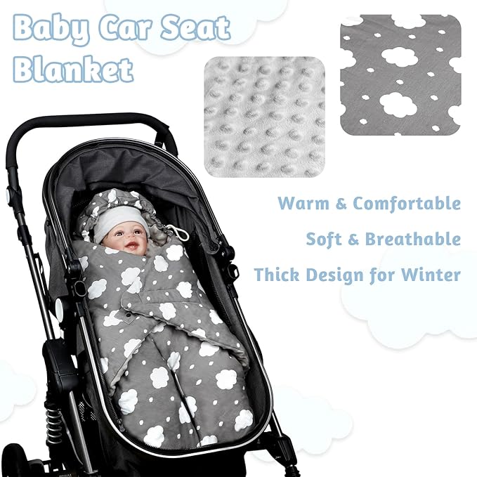 Baby Car Seat Blanket, Winter Car Seat Covers for Babies, Warm Carseat Swaddle Blankets, Thicken Stroller Sleeping Bunting Bag for Infants Boy & Girl, Grey Cloud