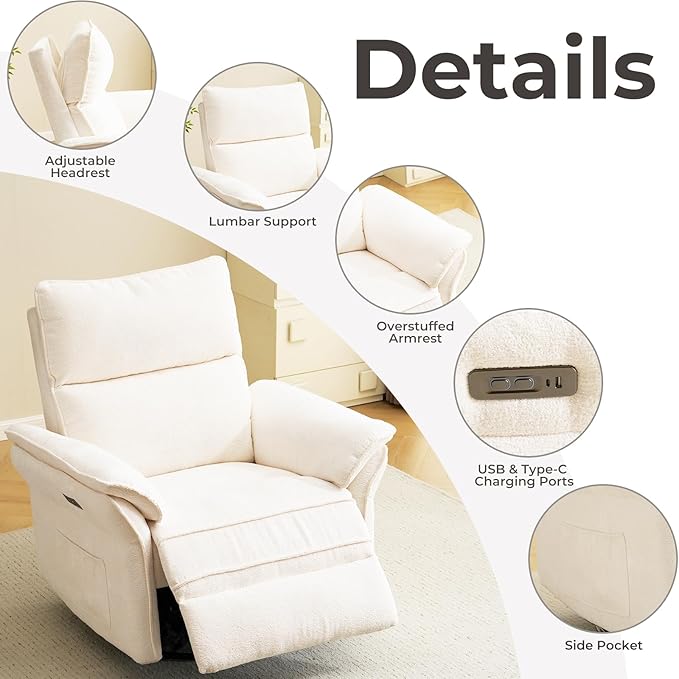 Oversized Power Recliner Chair Swivel Glider with Massage and Heat, Rocker Nursery Recliner for Adults with Adjustable Headrest, 26" Extra Wide Nursery Chair with Overstuffed Armrest,White