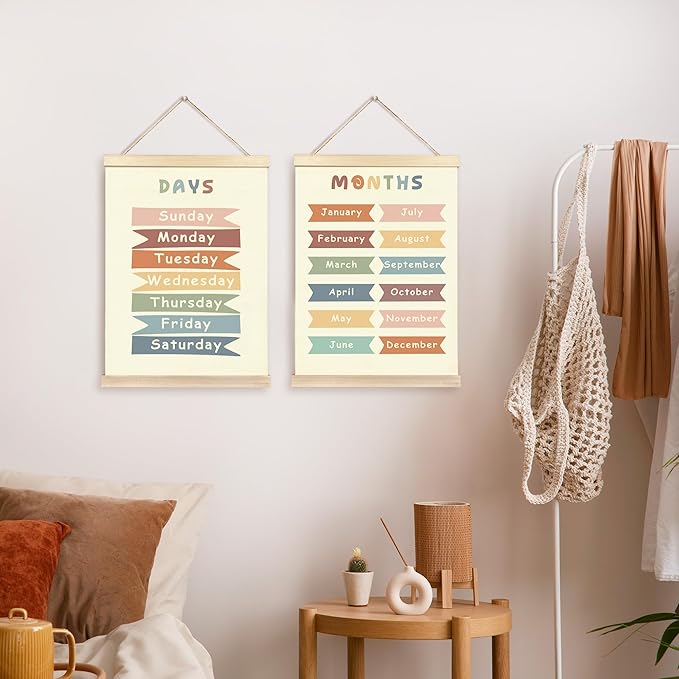 CGBHW Boho Educational Poster Hanger Frame Set of 2, Days of the Week Months of Year Learning Posters Wall Art Hanging Decor for Classroom Nursery Kids Room Playroom Preschool，12x16Inch