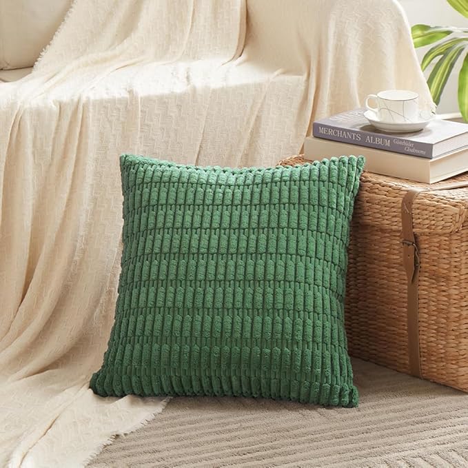 Fancy Homi 2 Packs Green Decorative Throw Pillow Covers 22x22 Inch for Living Room Couch Bed Sofa, Rustic Farmhouse Boho Home Decor, Soft Striped Corduroy Square Cushion Case 55x55 cm
