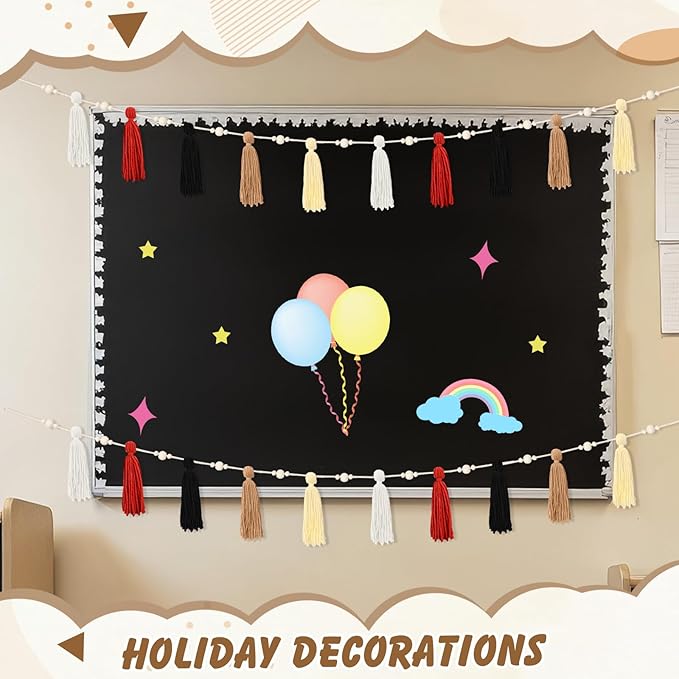 2 Pcs Tassel Garland with Wood Beads, Handmade Cotton Yarn Wall Hanging Banner Boho Tassel Wall Hanging Party Decor for Nursery, Birthday Baby Shower Home Classroom Decoration(Retro)