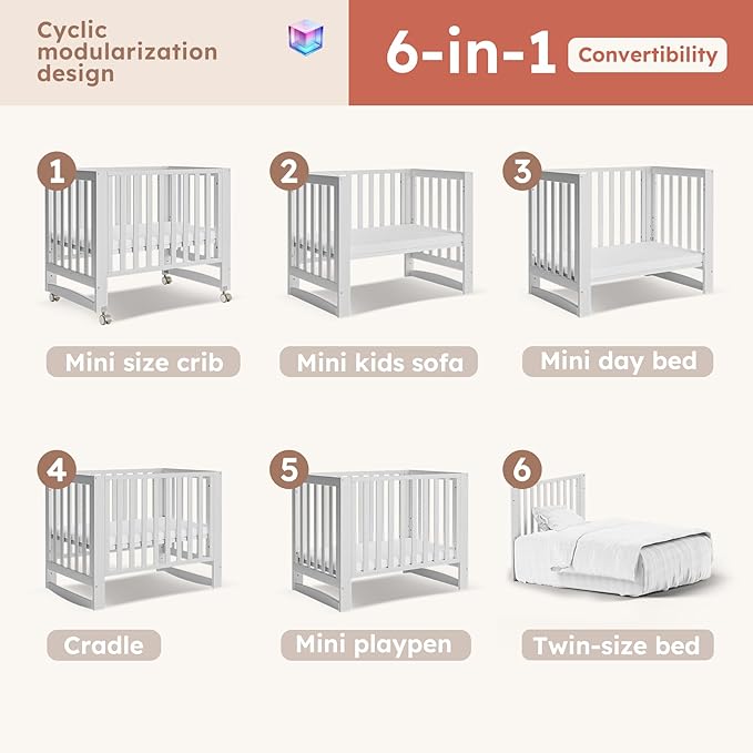 MAMAZING EvoNest Baby Crib, 6 in 1 Convertible Mini Crib with Wheels, 100% New Zealand Wood Growing Bed, 4 Adjustable Mattress Height, GREENGUARD Gold Certified, White