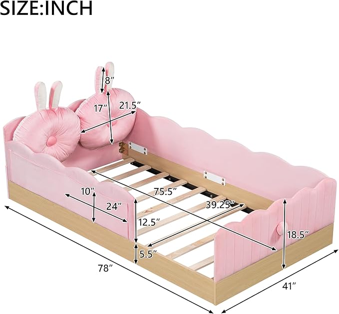 Lovely Twin Size Upholstered Platform Bed with 2 Soft Pillows and Storage Bags, Princess Bed Frame with Cute Rabbit Ear Shaped Headboard and Guardrails for Bedroom, No Box Spring Required (Pink-X52)