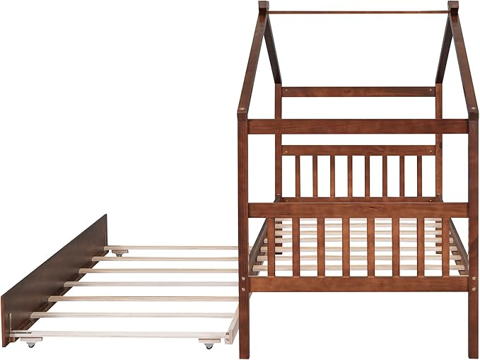 Merax Twin Size Wooden House Bed with Trundle, Wood Bed Frame with Roof for Kids, Teens, Boys or Girls, Walnut