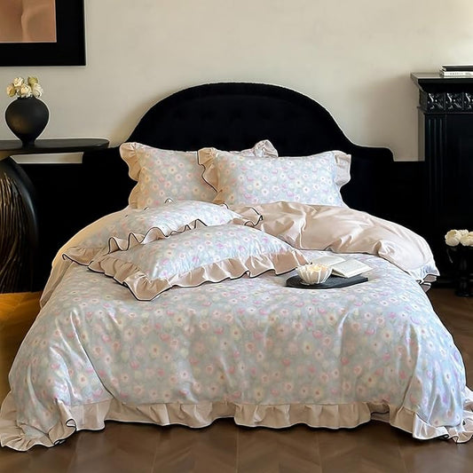 HighBuy Pink Floral Lace Duvet Cover Twin Size,Brushed Cotton Soft Coquette Ruffle Flower Bedding Duvet Cover Set,Blue White Ruffled Shabby Chic Farmhouse Duvet Cover and Pillow Shams,- Twin
