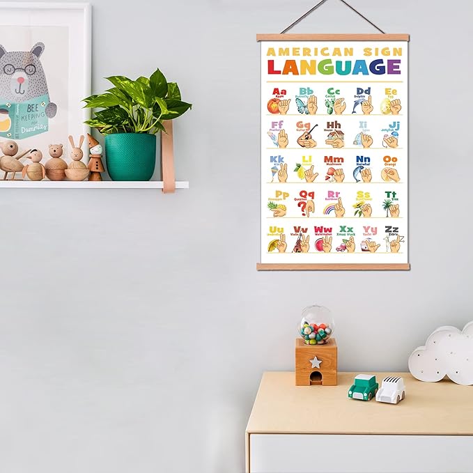 KAIRNE American Sign Language Poster With Wood Magnetic Hanger Framed(11X17.7inch),Alphabet Learning Decor With Common Words ABC Chart Wall art for Toddlers Kids Room Classroom Playroom Decor