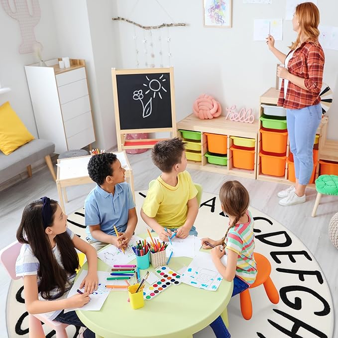 LIVEBOX Round ABC Play Room Rug for Kids, Alphabet Nursery Rug for Boys Girls, Circle Area Rug for Playroom, Machine Washable Rug Educational Crawling Mat for Children Classroom Toy Room(71",Black)