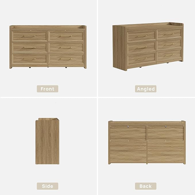 SICOTAS 6 Drawer Dresser for Bedroom-56.4" Extra-Wide Wooden Chest of Drawers with Large Storage, Long Dresser TV Stand with Drawers, Mid Century Modern Closet Dressers for Nursery, Brown Oak