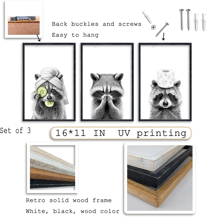Funny Bathroom Adorable Raccoon Wall Art Decor 16x11 Inch Set Of 3 Laundry Animal Prints Wooden Framed Signs Rustic Washroom Interesting Modren Artwork Wall Hanging Deoration (Black)