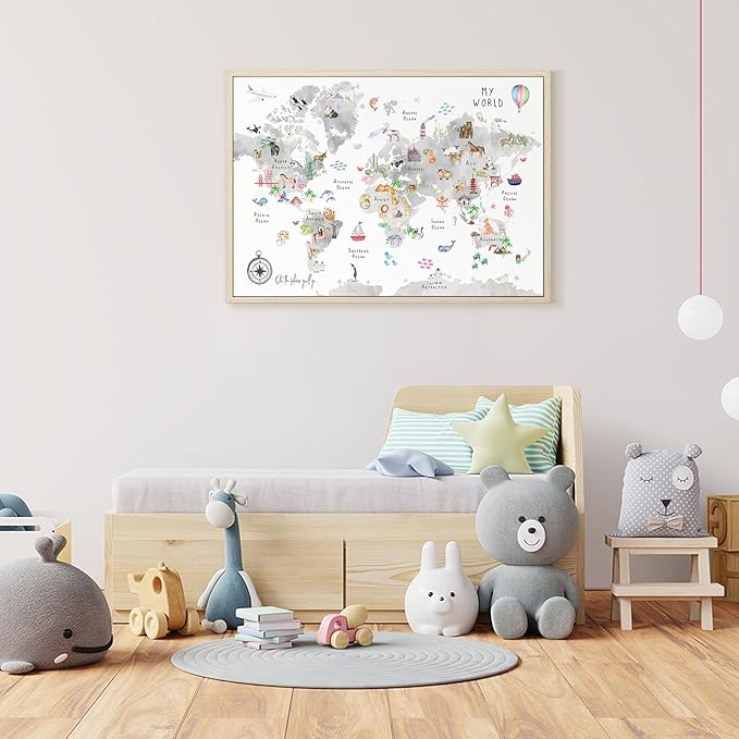 Grey Kids World Map Wall Art Animal Map Canvas Wall Art Nursery Wall Decor World Map Poster Childrens Room Decor Playroom Prints Educational Artwork 16x24 Inch Framed