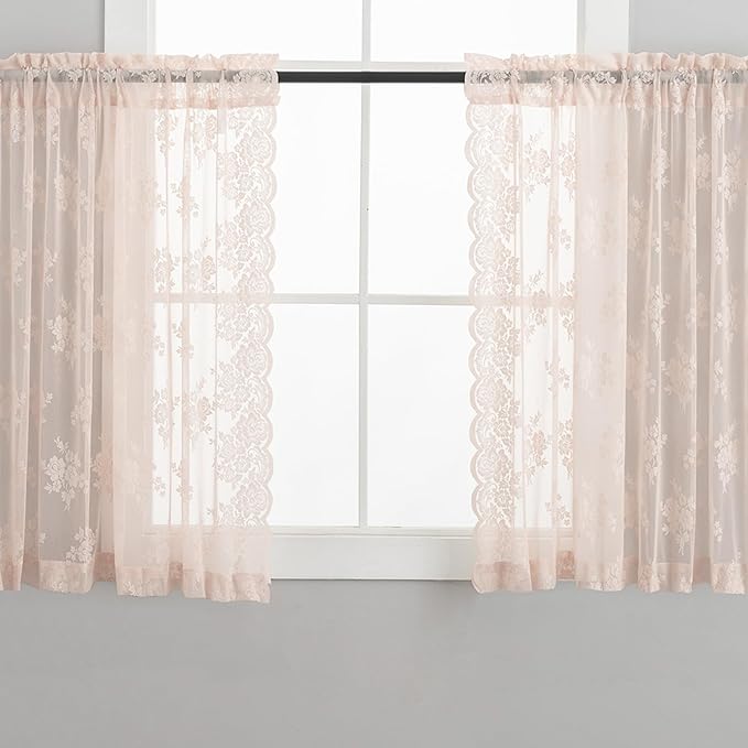Blush Pink Lace Curtains 36 Inch Length, 2 Panels, W42 x L36 Inch Each, Country Rustic Floral Coquette Lace Cafe Curtains for Kitchen Window, Rod Pocket Privacy Short Sheer Curtain for Small Windows