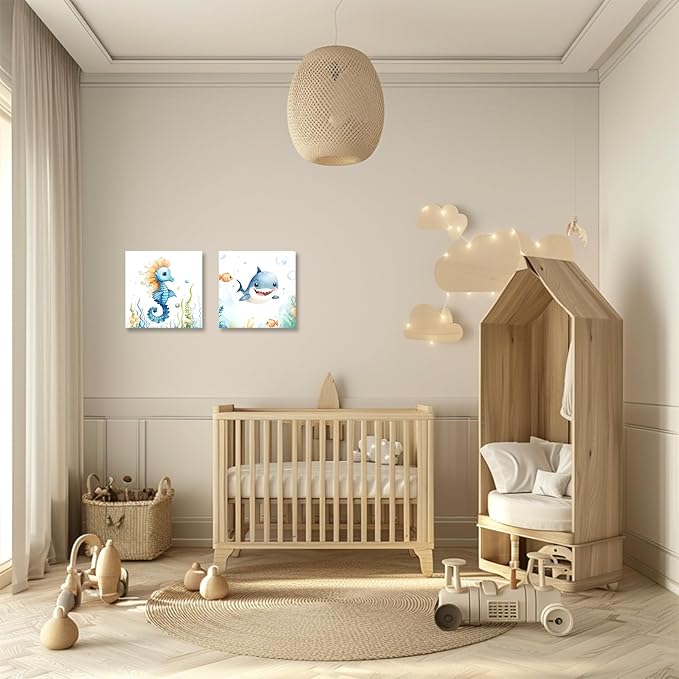 2 Piece Ocean Sea Canvas Wall Art for Nursery Decor - Cute Baby Seahorse Shark Underwater Paintings Pictures Ocean Theme Sea Life Posters Prints for Kids Room Bathroom Decor(Artwork-02, 24"x24"x2P)