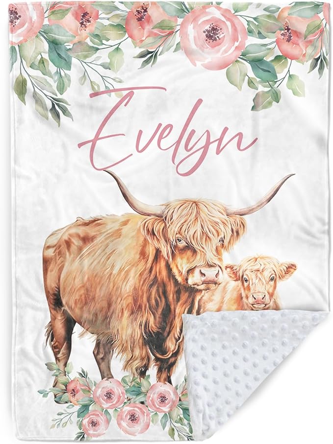 Personalized Baby Blanket for Boys, Custom Name Blanket for Girl Newborn Mom, Soft Flannel with Double Layer Dotted Backing, Gifts for Baby Shower Christmas Birthday, Highland Cow(47" x60)