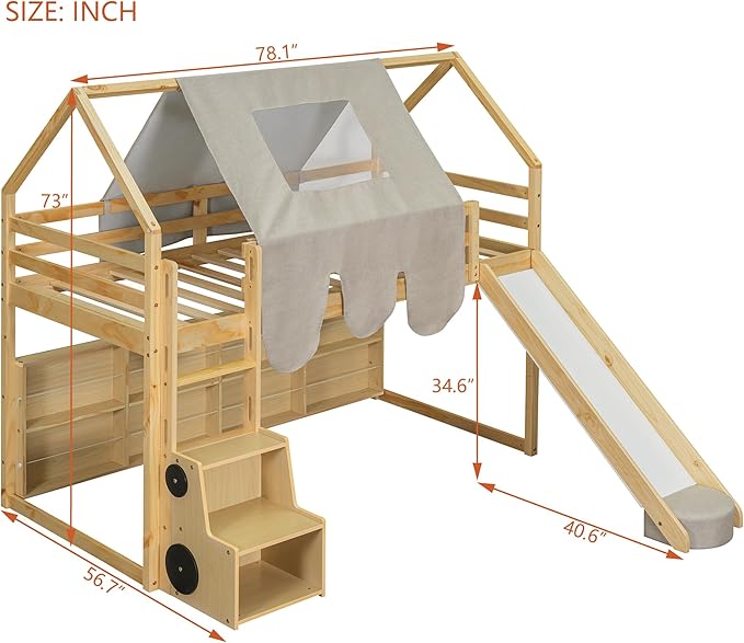 Playhouse Design Twin Size Wood Loft Bed with Slide and Tent, Low Loft House Bed Frame with Storage Shelves and Removable Car-shaped Staircase for Kids Teens Boys Girls Bedroom (Natural+Beige)