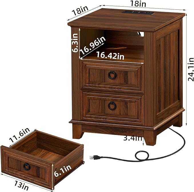 18" Farmhouse Night Stand with Charging Station, 2 Drawers End Table Dresser for Bedroom, Brown Wooden Nightstand, Bed Side Table with Open Shelf, Bedside Cabinet for Living Room, Closet
