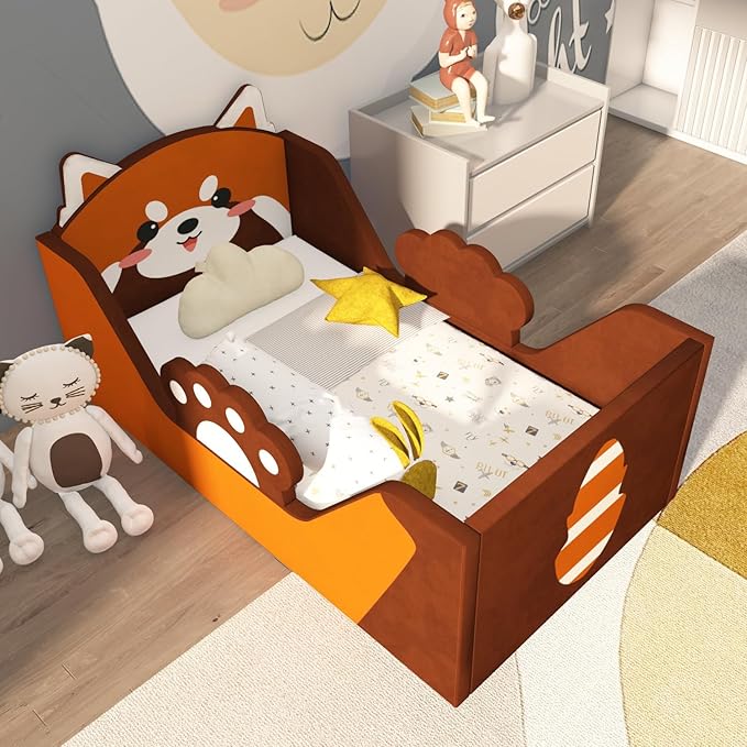 Toddler Bed, Child Bed for Kids with Extra Safty Broad, Standard Crib Size AnimalToddler Bed, Certified Fabric Toddler Beds,Toddler Floor Beds (Redpanda)