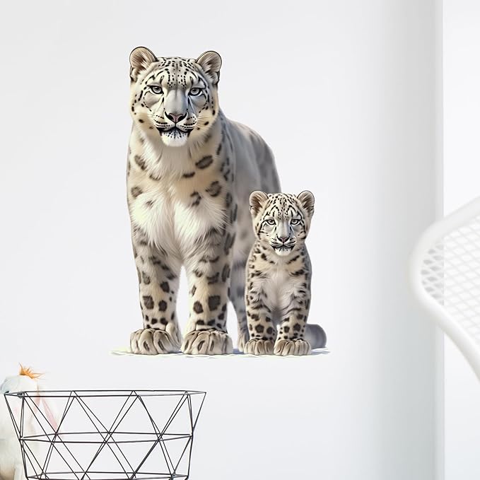 Lifelike Snow Leopard with Cub Wall Decal Nursery Animal Wall Sticker Removable Peel and Stick Wall Art Decor for Kid Baby Classroom Preschool Living Room Playroom Bedroom School