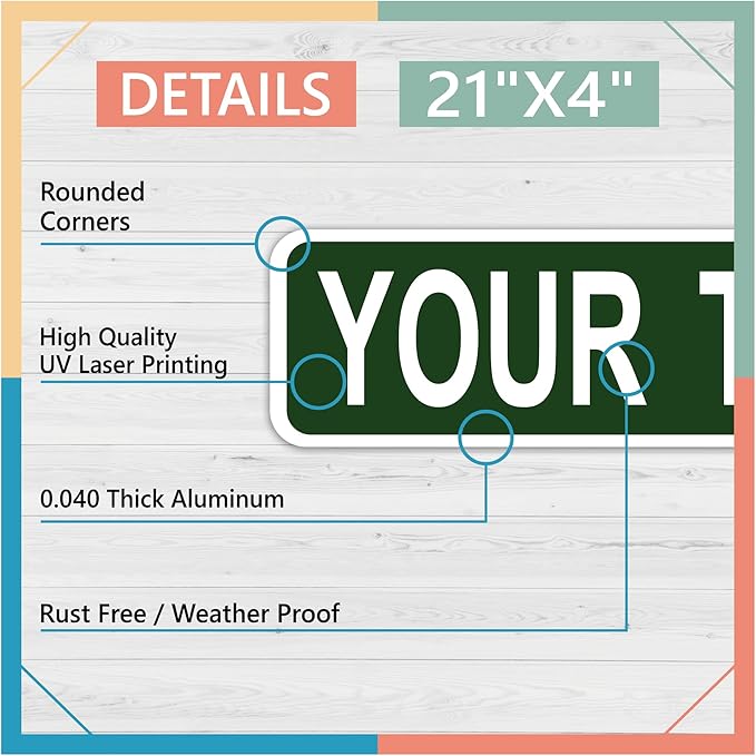 Personalized Street Sign & Custom Road Sign for Kids - 21x4 in Metal, with Custom Text, Size & Color. Ideal for Kids Room, Mancave Decor or Outdoor Garden