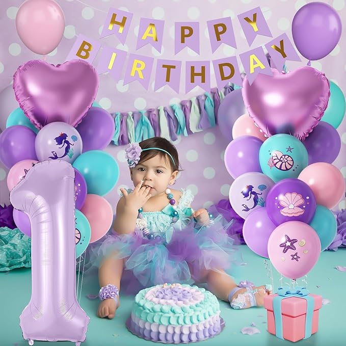 1st Mermaid Birthday Decorations for Girls, Purple Pink Teal Balloon with Mermaid Print Balloons Heart Foil Balloons Birthday Banner for 1 Year Old Under the Sea Theme Birthday Princess Party Supplies
