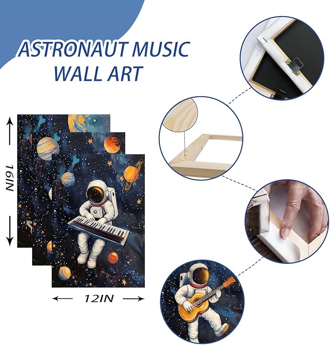 3Pcs Space Astronaut Musiic Canvas Wall Art Cute Astronaut Musician Decor Pictures Funny Piano Guitar Violin Posters Prints for Boys Room Girls Room Kids Room Nursery Decoration