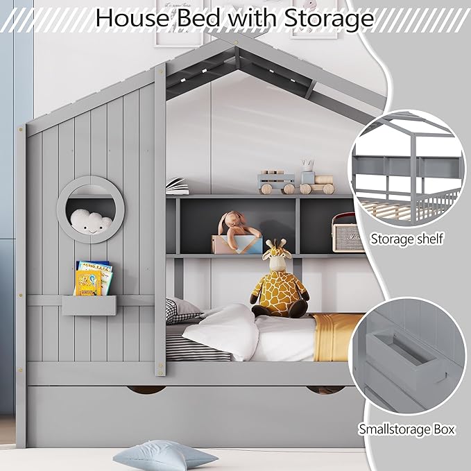 Harper & Bright Designs Kids Full Size House Bed with Trundle & Storage Shelf, Wood Full Size Platform Bed Frame with Roof, House Bed for Boys, Girls, Gray