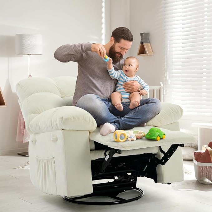 Swivel Recliner Chair, Upholstered Fabric Comfy Rocking Chair, Sturdy Q235 Steel Frame Nursery Glider, 300 LBS Capacity, for Small Spaces, Living Room, Bedroom, Beige