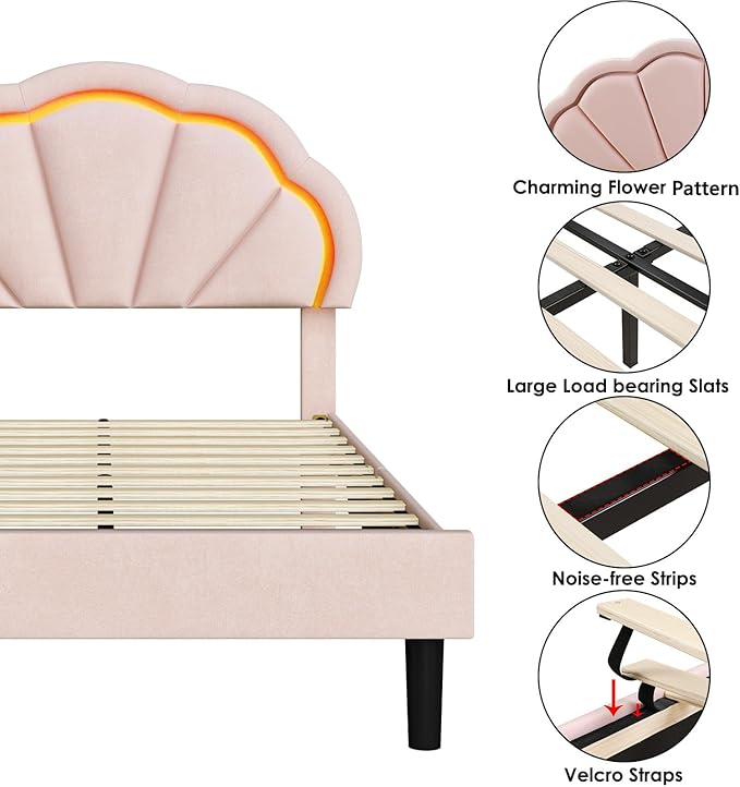 HIFIT Twin Upholstered Smart LED Bed Frame with Adjustable Chic Petal Headboard, Princess Twin Size Platform Bed Frames for Kids/Girls, Wooden Slats Support, No Box Spring Needed, Easy Assembly, Pink