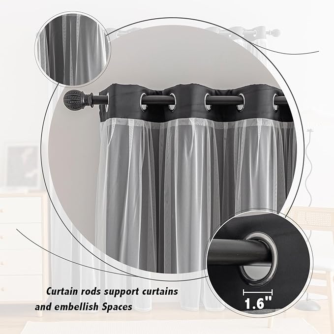 Anytime Home Curtains Blackout and Sheer Layered Solid Window Curtain Panel Pair with Grommet Top, 52Wx72L,Black
