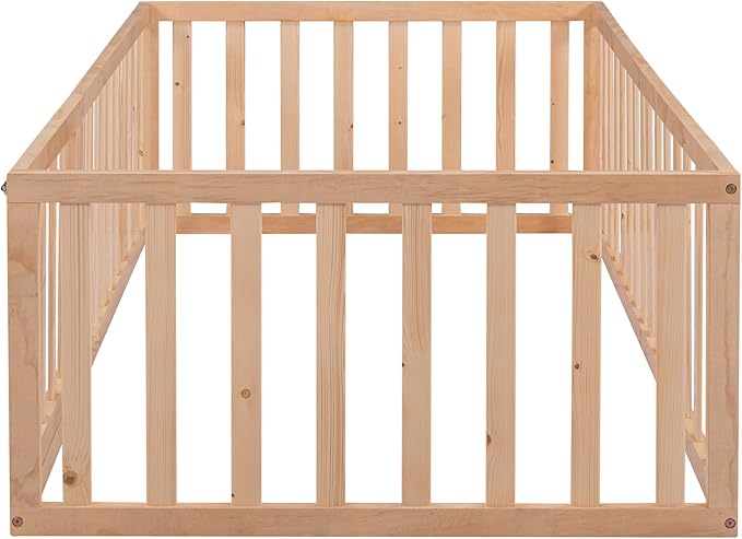 Merax Twin Floor Bed with Safety Guardrails and Door, Wood Montessori Floor Bed Frame for Kids, Twin Playhouse Bed Frame for Baby Girls and Boys, Natural