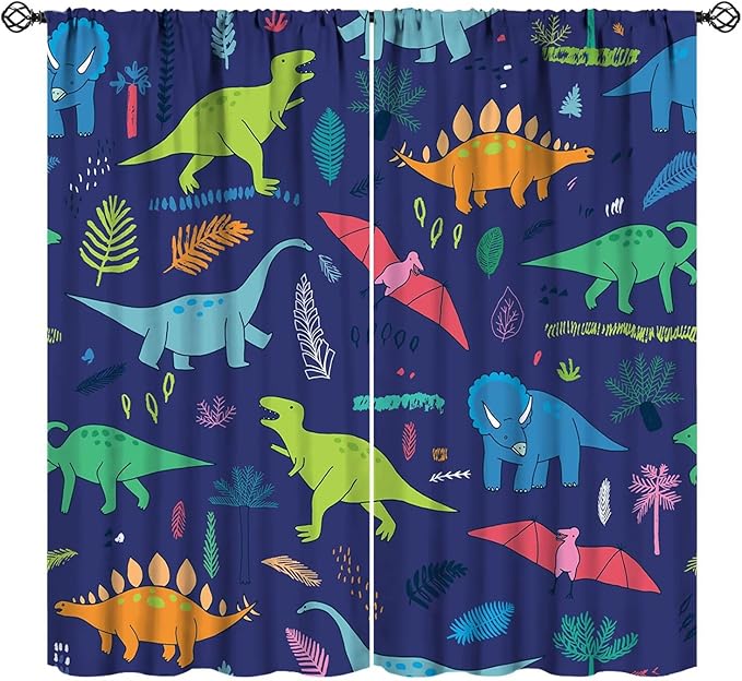 Dinosaurs Blackout Curtains Cute Cartoon Animals Dino Tropical Plant Colorful Art Print for Kids Boys Bedroom Living Room Rod Pocket Decoration Window Drapes 2 Panels W21xL54in