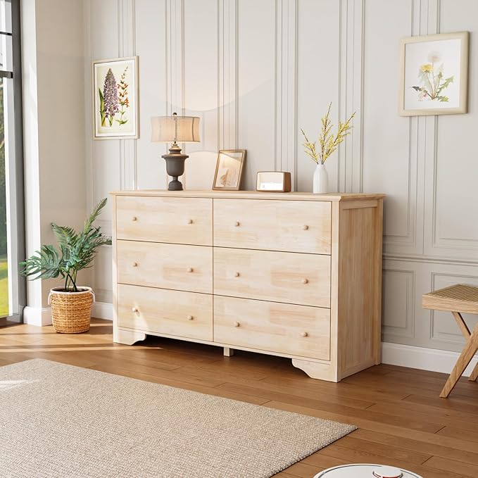 VINGLI 57" Unfinished Solid Wood Dresser for Color DIY, 6 Drawer Long Chest with Drawers, Natural Rubberwood, 57" W*17.7" D*33" H