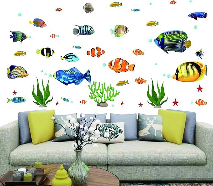 Fish Wall Stickers Under The Sea Decorative Wall Decals Coral Reef Fish Wall Stickers Peel and Stick Starfish Wall Art Sticker Decals for Kids Nursery Bedroom Living Room