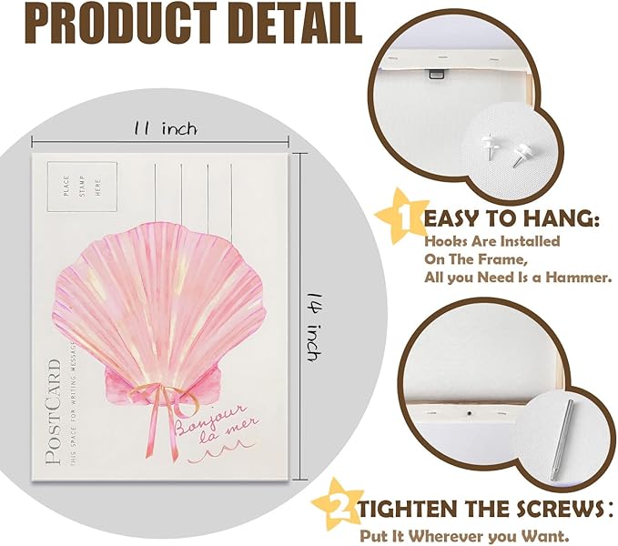 URLLUAE Beach Wall Decor, Preppy Pink Seashell Wall Art, Coastal Room Decor Canvas Poster Prints, Preppy Beach Room Decor, Pink Coastal Wall Decor Posters for Home Girls Room Dorm, 11x14 Inches