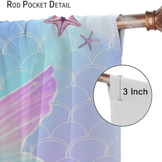 Fantasy Mermaid Curtain Colorful Rainbow Fish Tail Ocean Theme Beautiful Kids Window Treatment for Girls Bedroom Nursery Room Decor Rod Pocket Window Drapes 72x63in