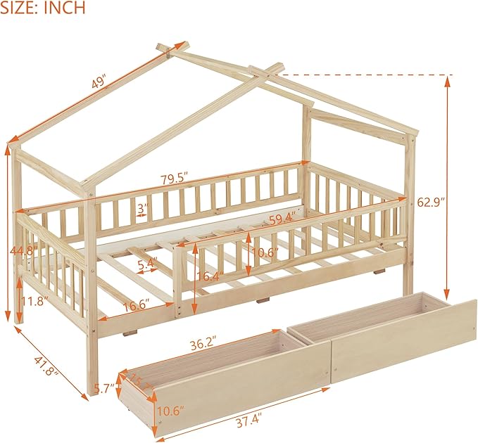 Merax Twin Size Wooden House Bed with Two Drawers, Wood Bed Frame with Roof and Safety Guardrail for Kids, Teens, Boys or Girls, Natural