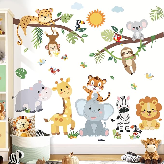 decalmile Safari Animals Wall Stickers Jungle Tree Branch Giraffe Elephant Wall Decals Baby Nursery Kids Bedroom Playroom Home Decor