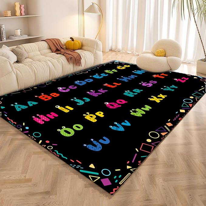 Cartoon Alphabet Area Rugs, 3x4ft, Colorful Printed Children's Classroom Carpet, Cozy Low Pile Soft Non-Slip Carpets, Durable Fade Resistant Absorbent Kids Rug for Bedroom Hallway