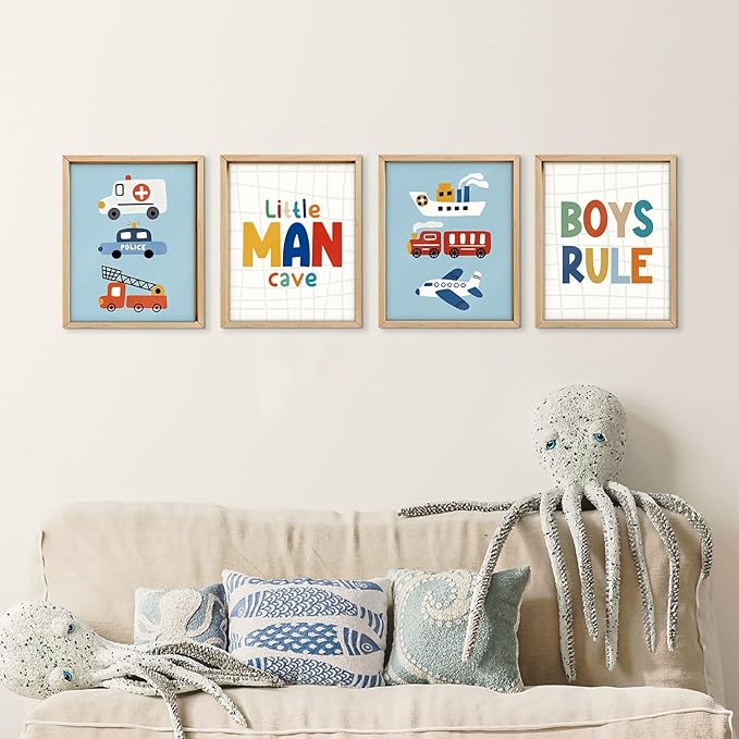 VONTP Boys Room Wall Art Decor, Little Man Cave Boys Rule Vehicle Transports Prints Poster Wall Decorations for Kids Boy Nursery Toddler Room Bedroom Playroom, 8x10 Inch Set of 4 (Unframed)