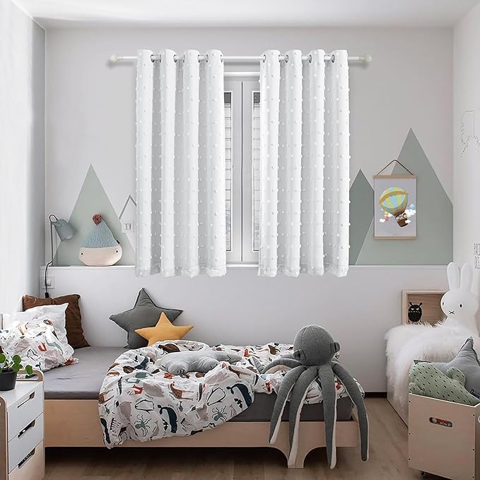 MYSKY HOME White Blackout Curtains 63 Inches Long for Bedroom 100% Light Blocking Kids Curtain Thermal Insulated Short Curtains with White Pom Pom Sheer Room Darkening Grommet, 52 x 63 Inch, 2 Panels