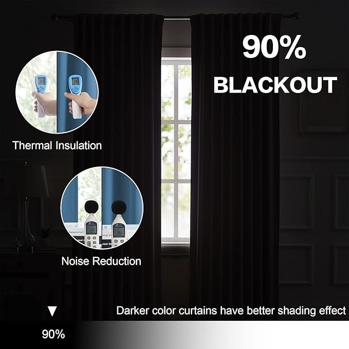 DUALIFE Blackout Curtains for Bedroom - Back Tab Rod Pocket Room Darkening Thermal Insulated Light Blocking Curtains for Living Room (52" W x 45" L, Midnight Denim Blue, 2 Panels)