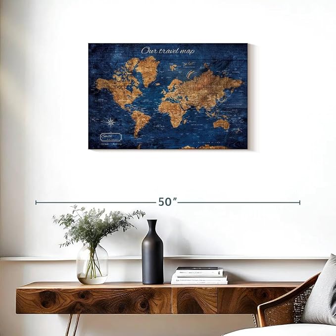 ElephantStock - Personalized Our Travel I Push Pin World Map Wall Art - Horizontal Canvas Wall Art - Living Room Wall Decor - Digital Art Map Canvas Art - Brown And Blue Decor - 30" x 20"