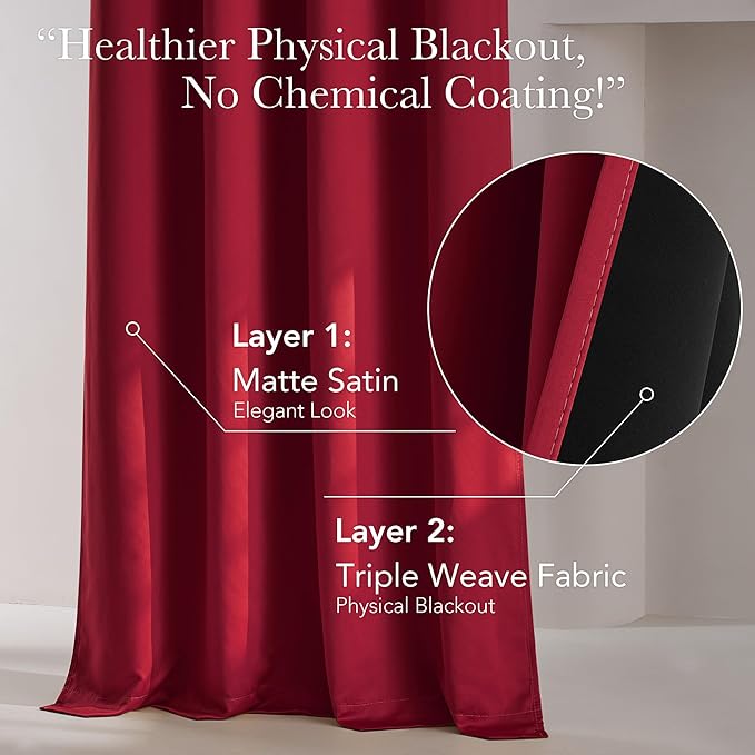 NICETOWN 100% Blackout Cold Blocking Curtains with Black Liner Backing, Thermal Insulated Satin Curtains for Living Room, Noise Reducing Drapes, Christmas Red, 52" x 84" Per Panel, Set of 2
