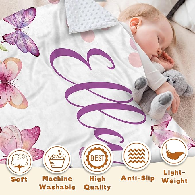 Personalized Baby Blanket for Girls, Custom Name Blanket for Newborn New Mom, Soft Flannel with Double Layer Dotted Backing, Ideal Gifts for Baby Shower Christmas Birthday, Butterfly(60" x80)