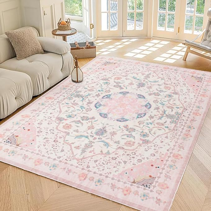 Area Rug - Vintage 3x5 Non-Slip Backing Area Rugs Light Pink Soft Faux Wool Carpet Foldable & Machine Washable Rugs for Living Room Bedroom Dining Room Nursery Home Office