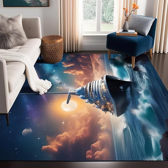 Galaxy Rug for Boys Room Nautical Ferry Boat Rugs for Kids Bedroom Cloud Ocean Space Carpet Sun Planet Printed Throw Rugs Doormat Living Room,31 in X 47 in