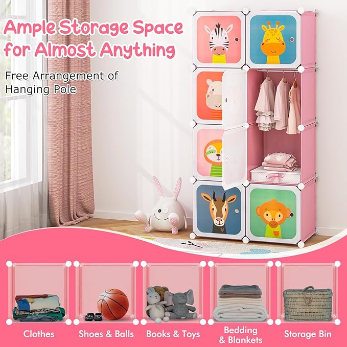 HONEY JOY Kids Wardrobe Closet, Baby Cartoon Clothes Storage Organizer, 8 Cubes & 2 Hanging Sections, Portable Children DIY Modular Bedroom Armoire Dresser Cabinet for Boys Girls (Pink, 8-Cube)